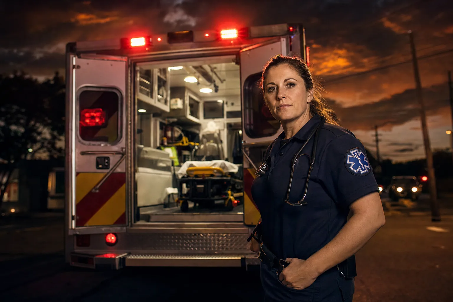 A paramedic in uniform beside the open doors of an ambulance at dusk