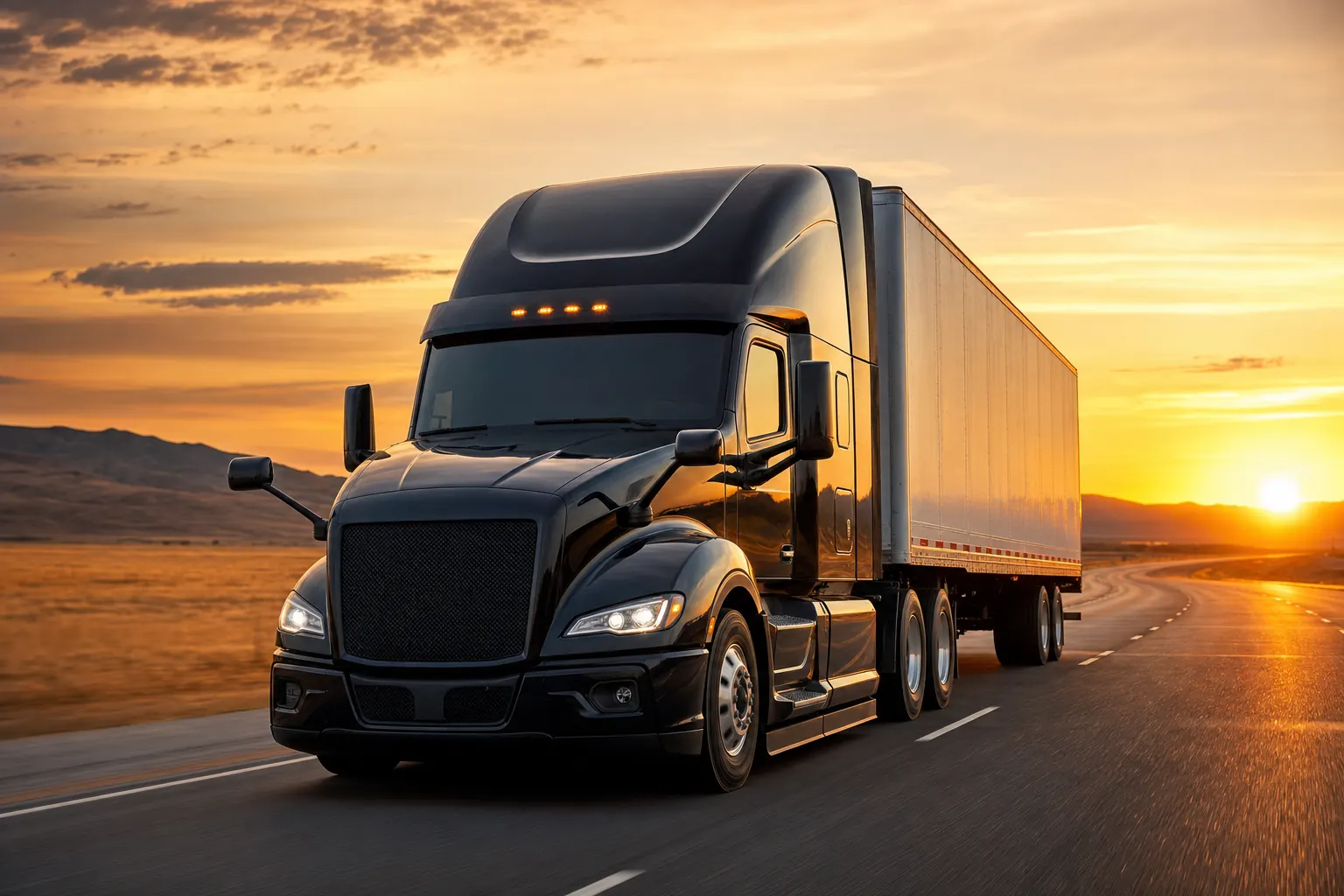 A black semi-truck on a desert highway at sunset with mountains behind it